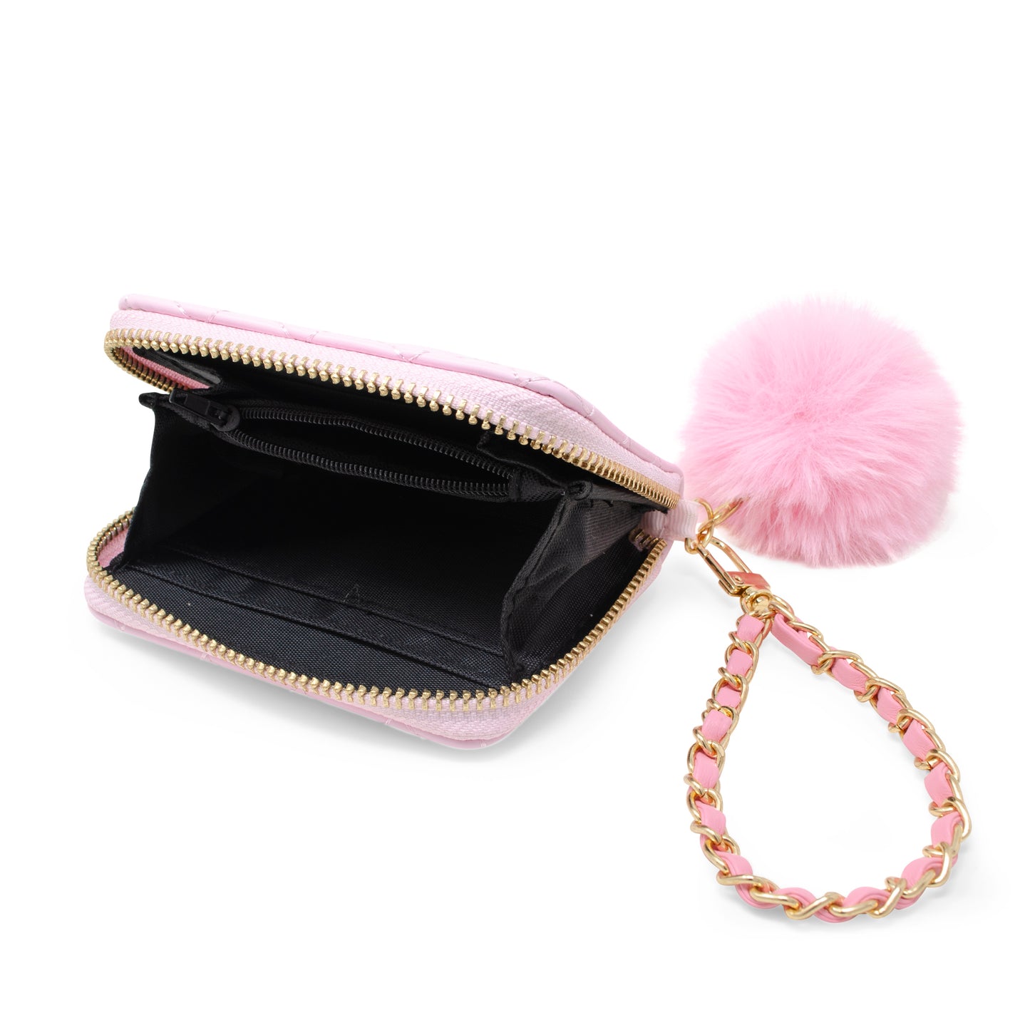 Quilted Wallet with Pom-Pom & Chain Strap