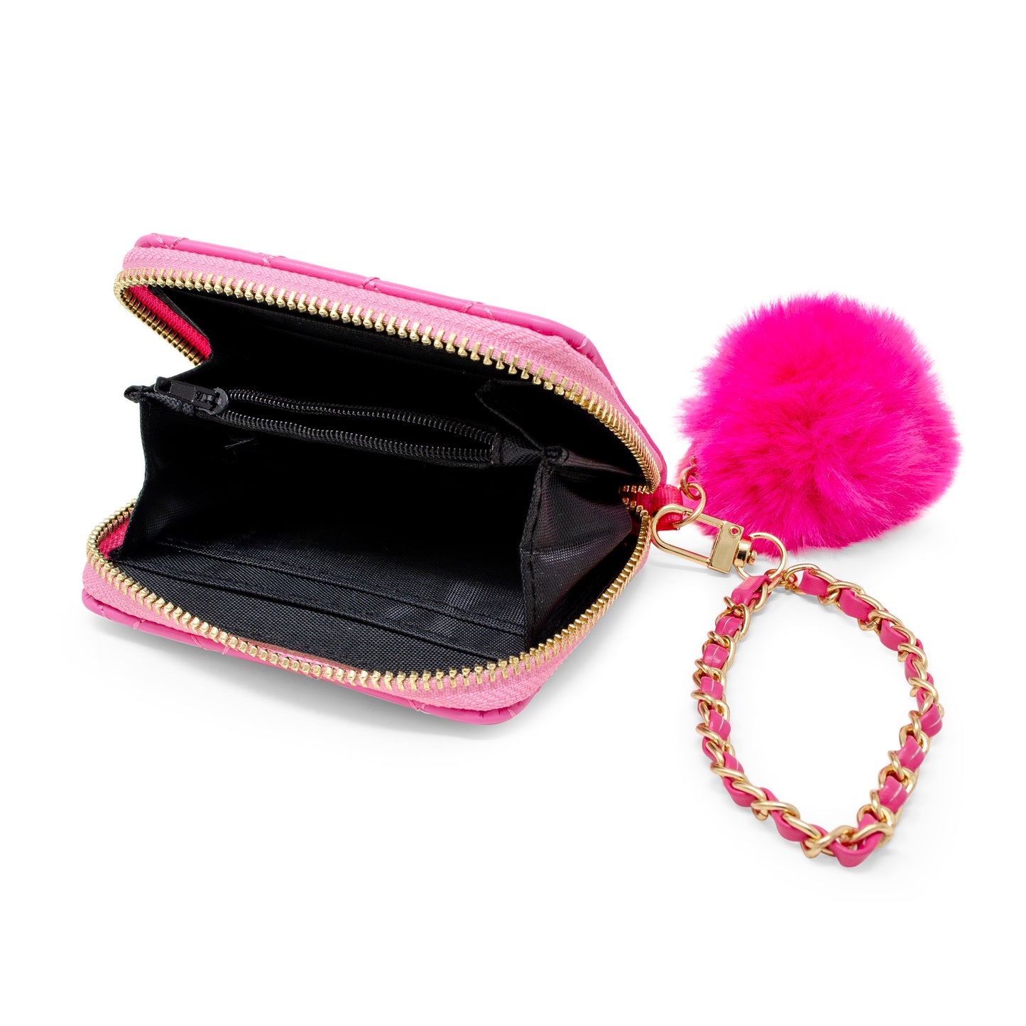Quilted Wallet with Pom-Pom & Chain Strap