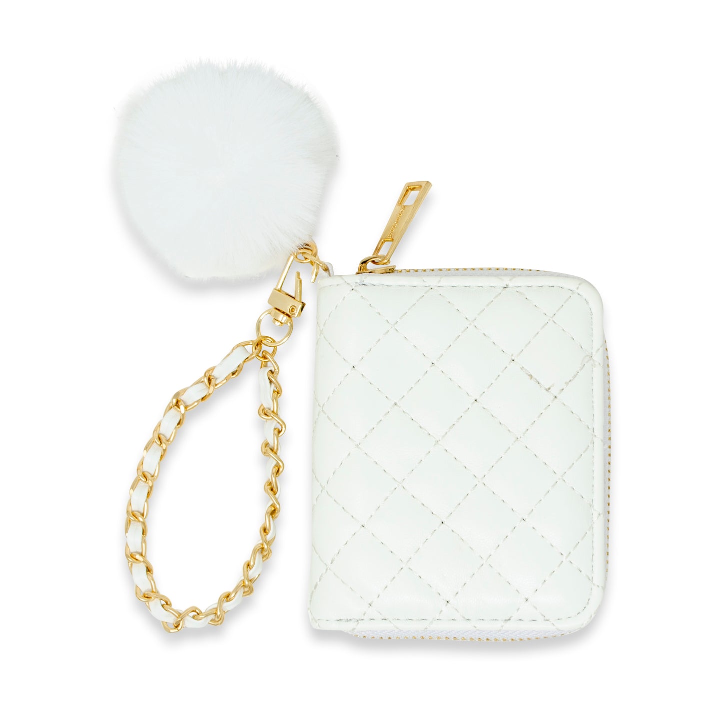 Quilted Wallet with Pom-Pom & Chain Strap