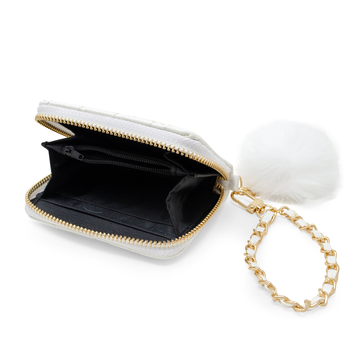Quilted Wallet with Pom-Pom & Chain Strap