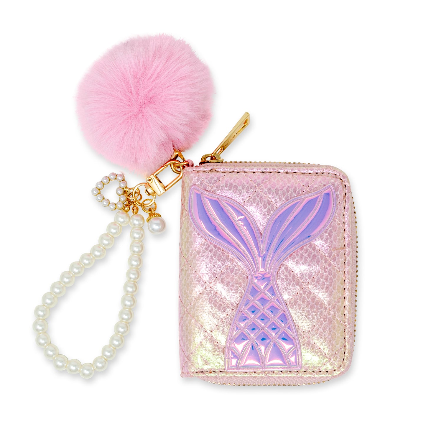 Mermaid Tail Quilted Wallet with Pom-Pom & Pearl Strap