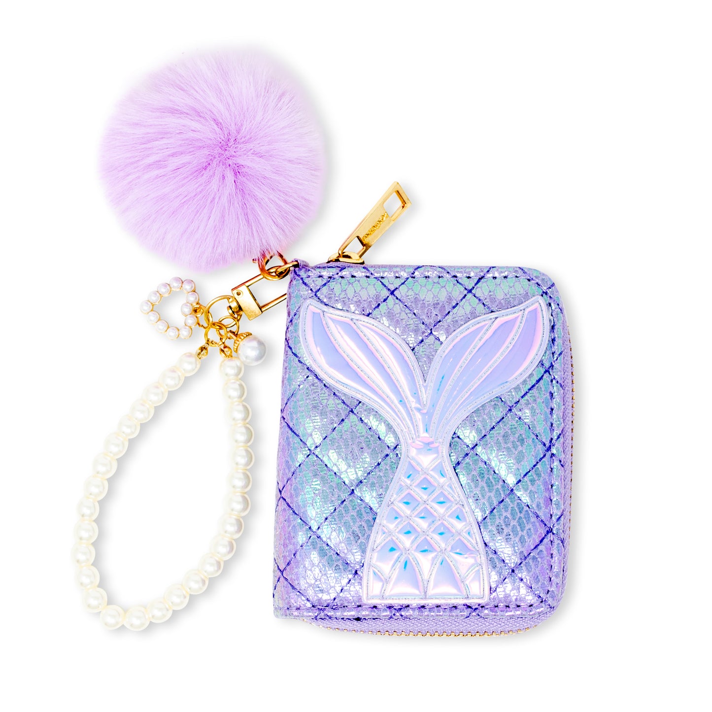 Mermaid Tail Quilted Wallet with Pom-Pom & Pearl Strap