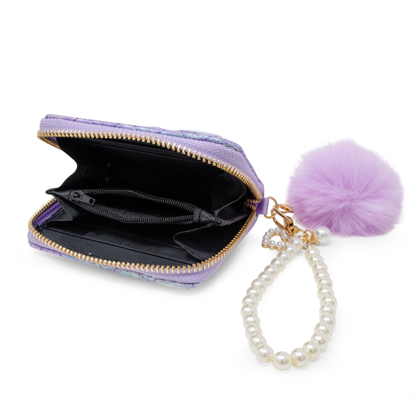 Mermaid Tail Quilted Wallet with Pom-Pom & Pearl Strap