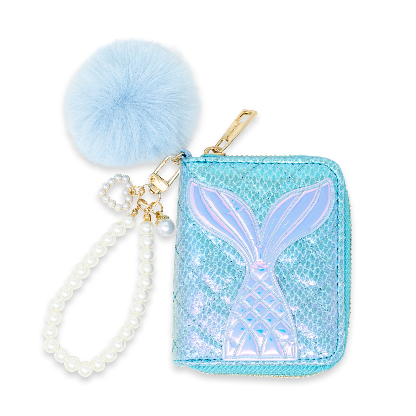 Mermaid Tail Quilted Wallet with Pom-Pom & Pearl Strap