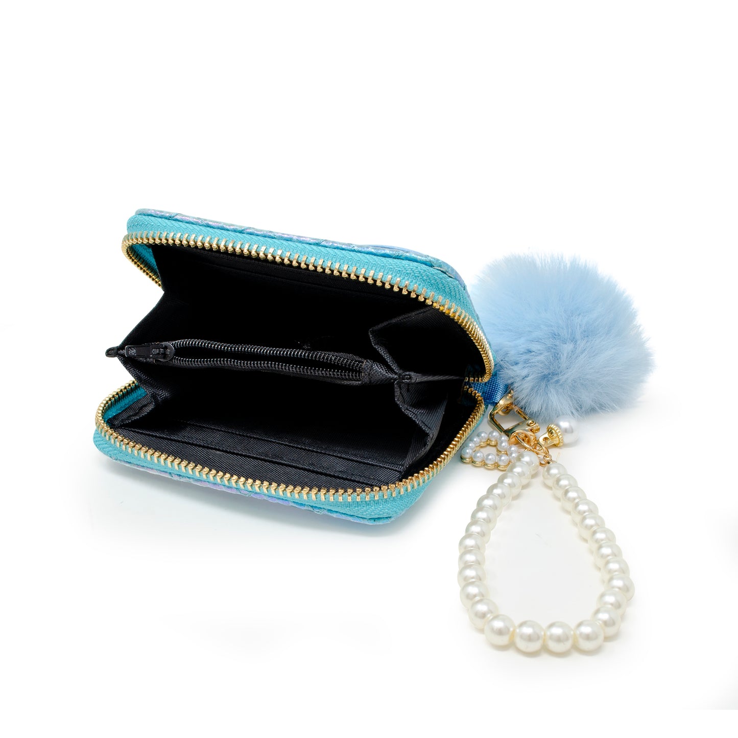 Mermaid Tail Quilted Wallet with Pom-Pom & Pearl Strap