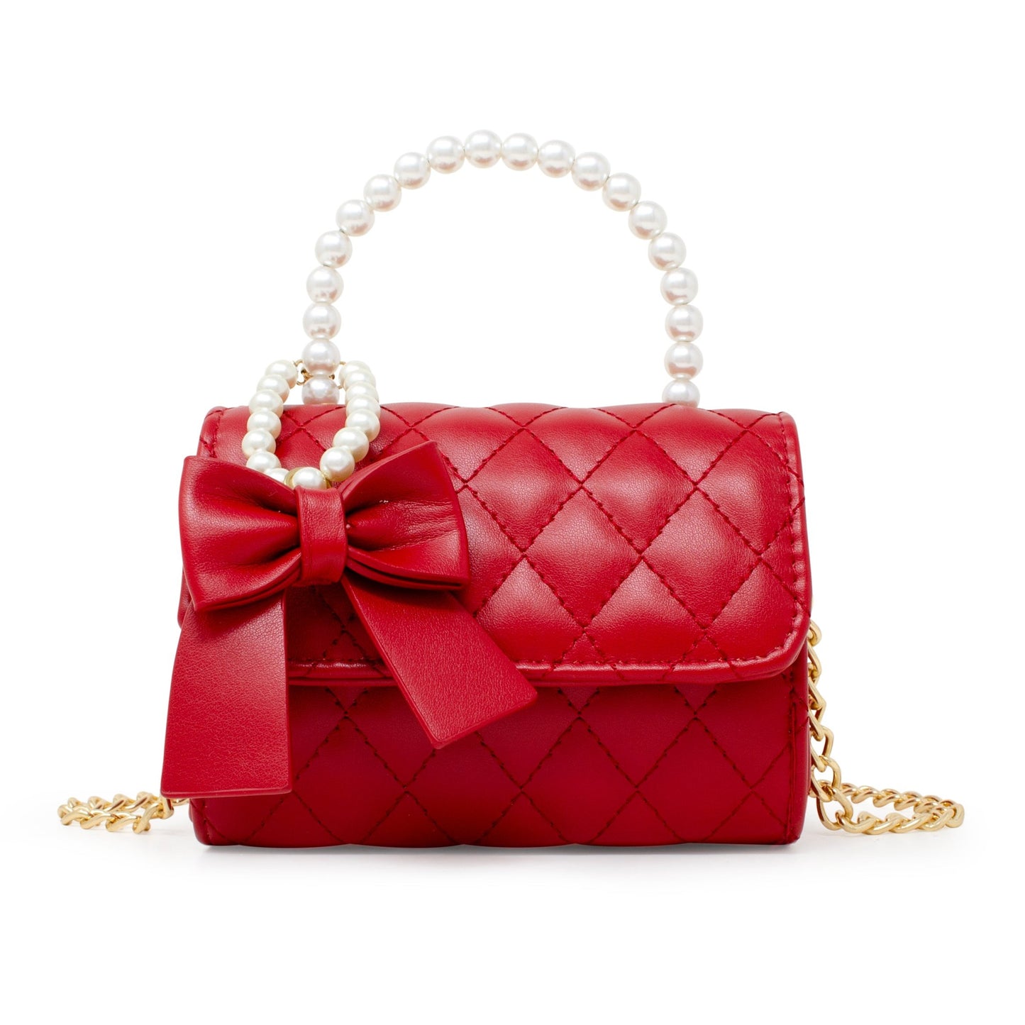 Quilted Pearl Handle Bow Ribbon Handbag