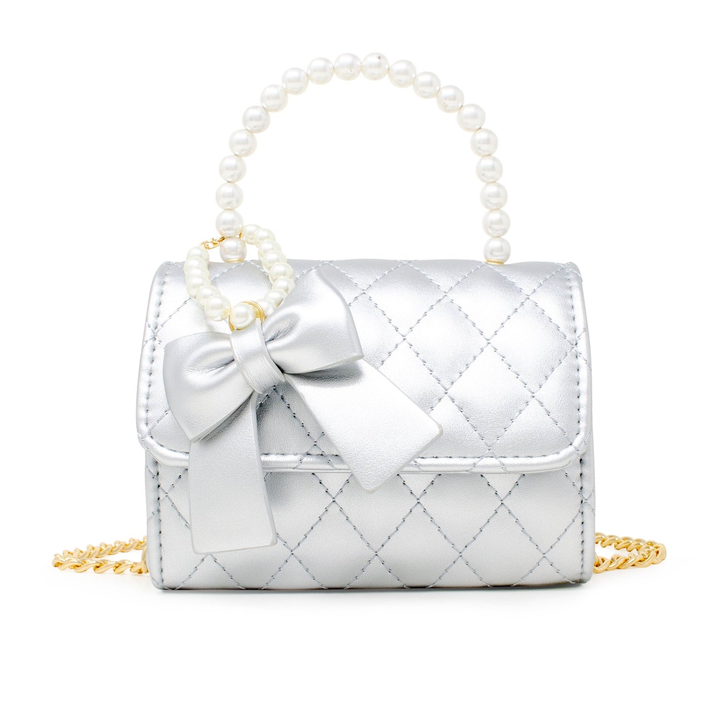 Quilted Pearl Handle Bow Ribbon Handbag