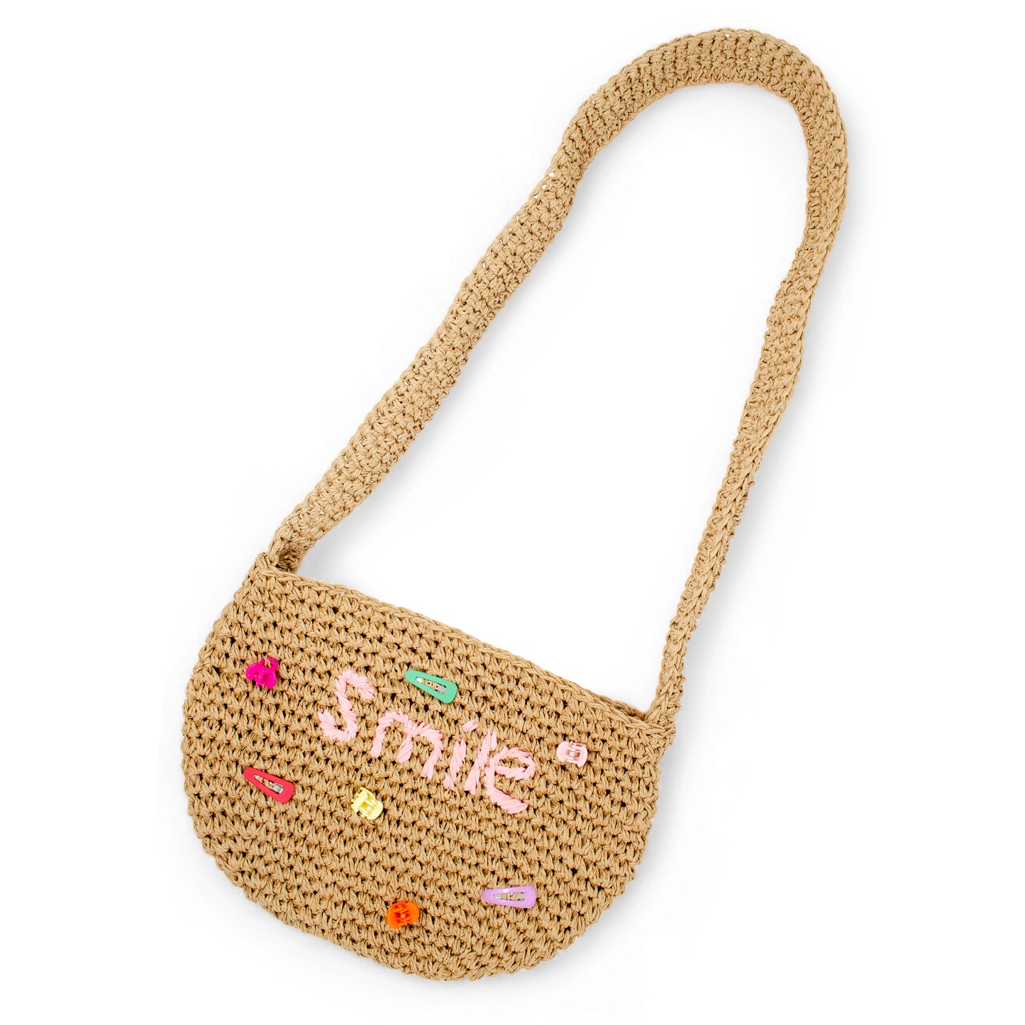 Girls Crossbody Woven Straw Message Charm Tote