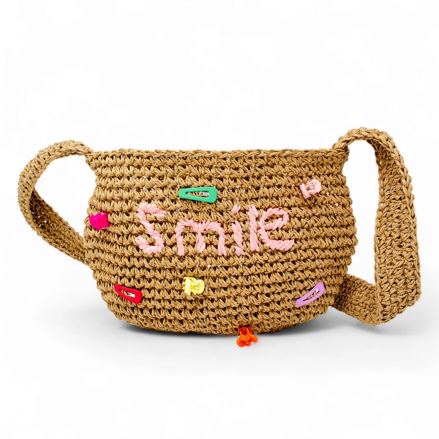 Girls Crossbody Woven Straw Message Charm Tote