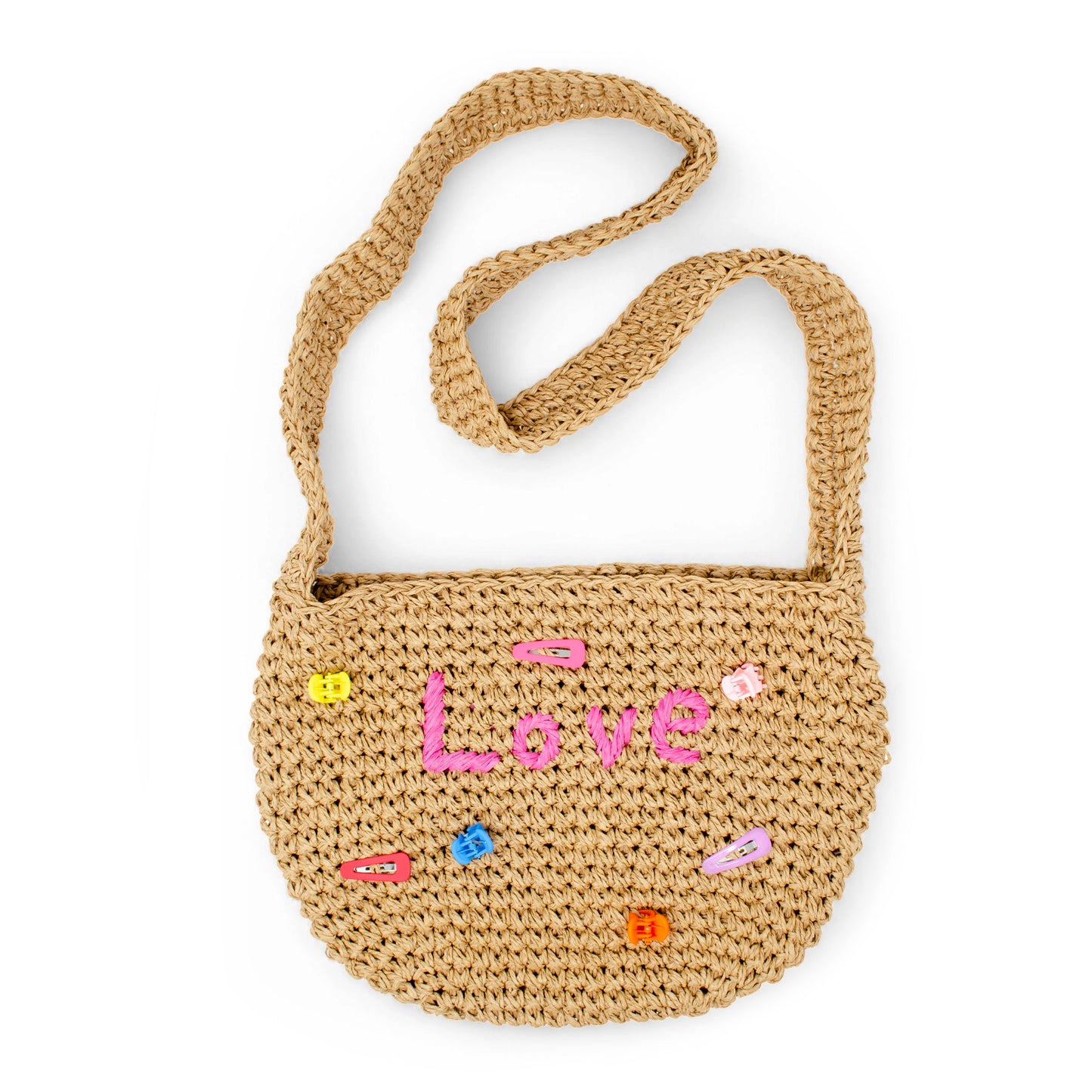 Girls Crossbody Woven Straw Message Charm Tote