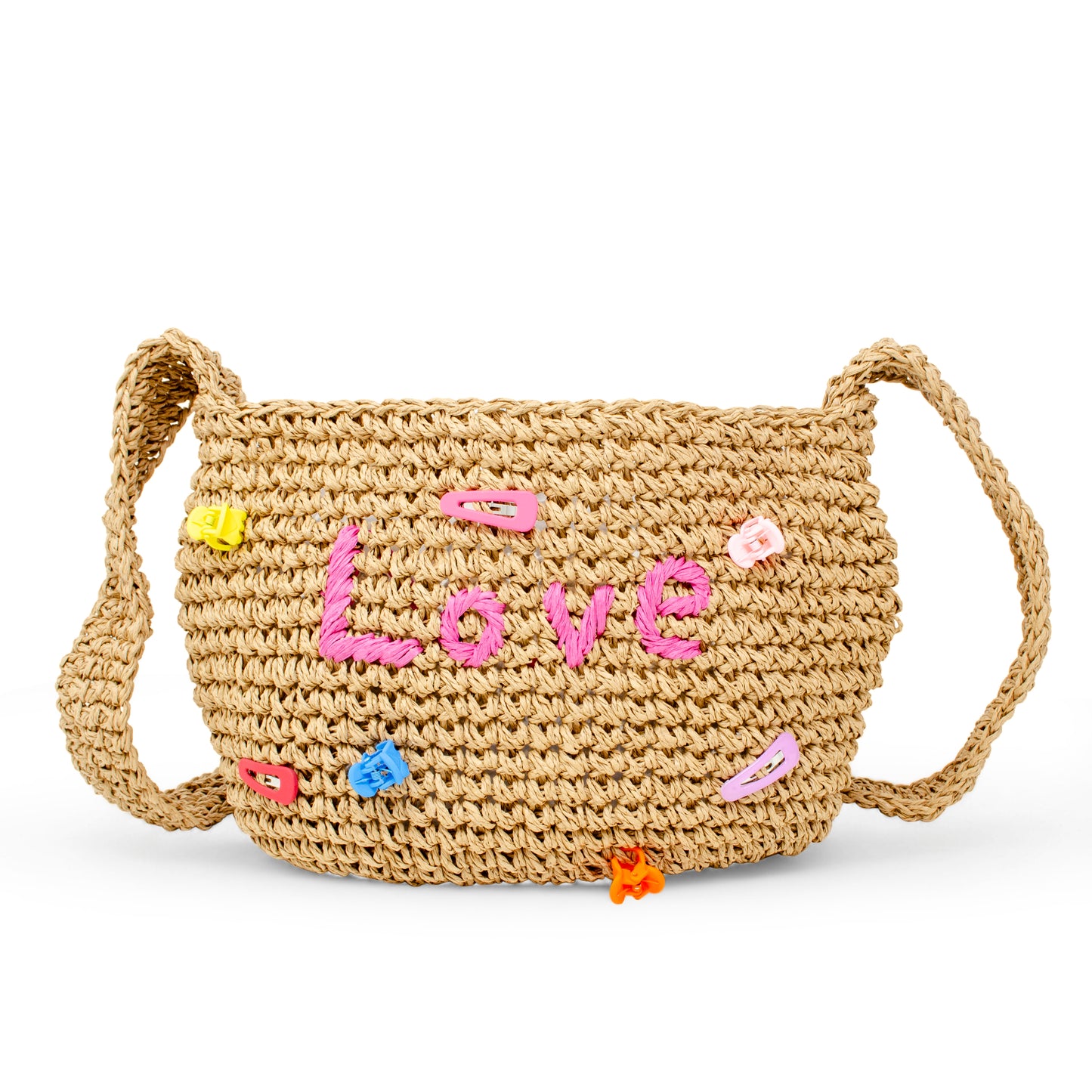 Girls Crossbody Woven Straw Message Charm Tote