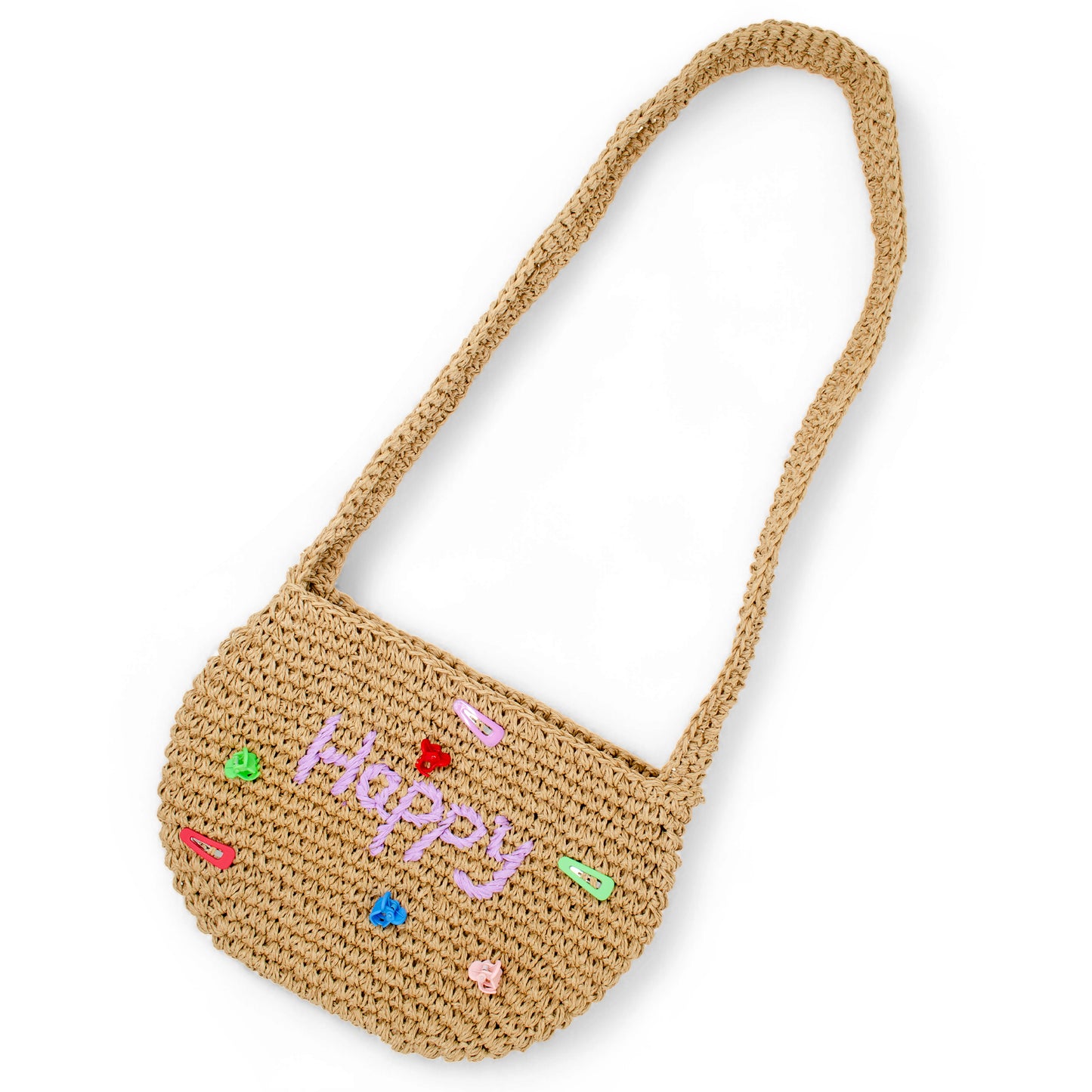 Girls Crossbody Woven Straw Message Charm Tote