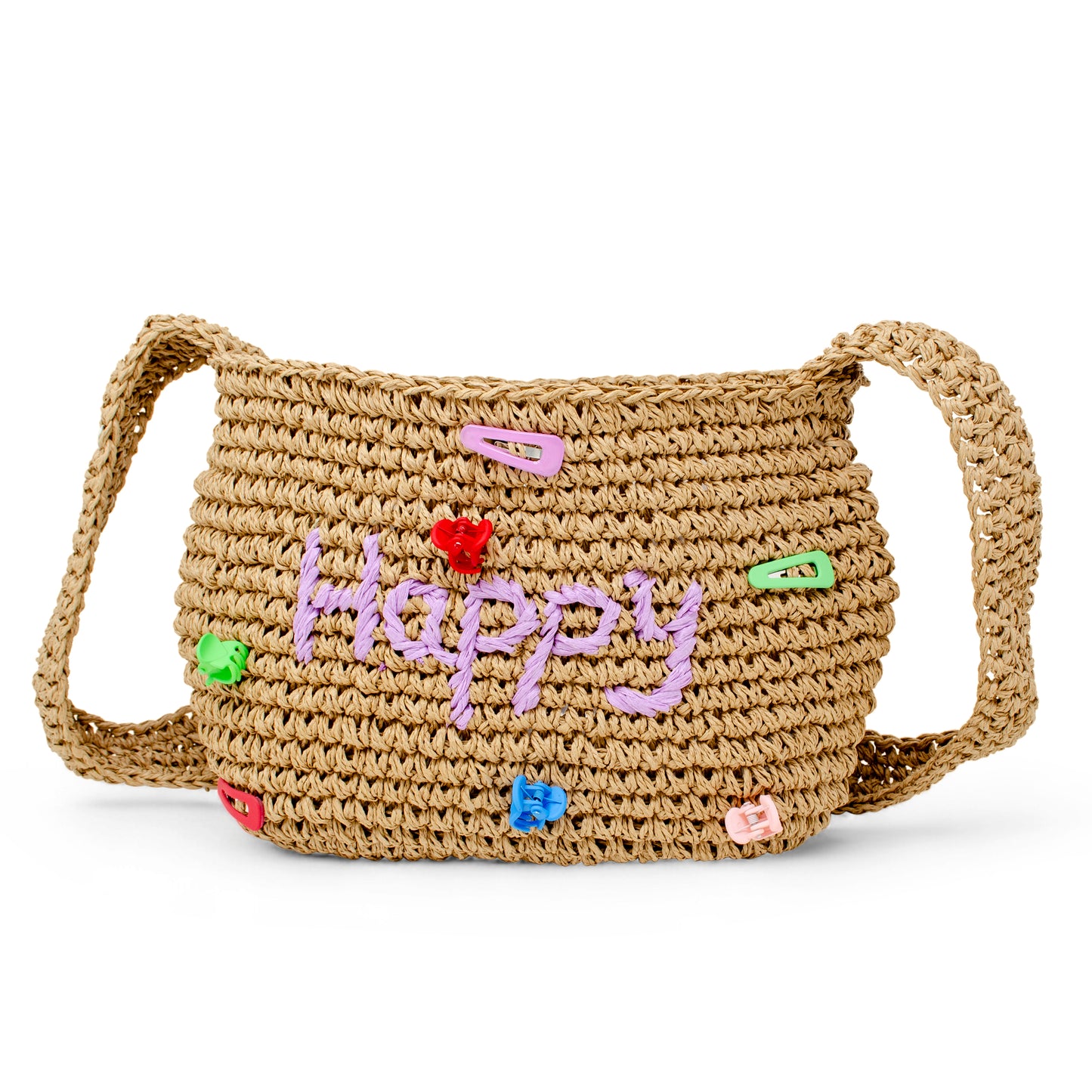 Girls Crossbody Woven Straw Message Charm Tote