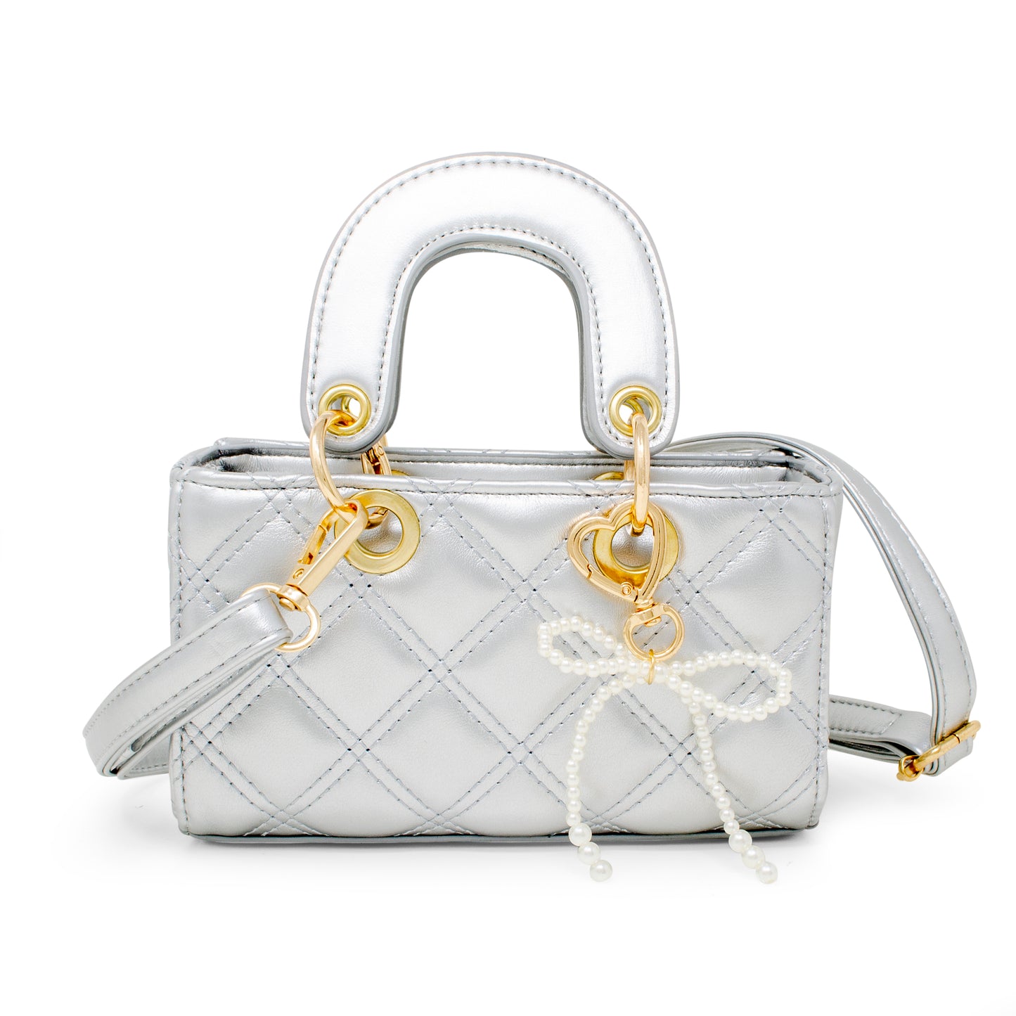 Quilted Rectangle Bow Charm Handbag