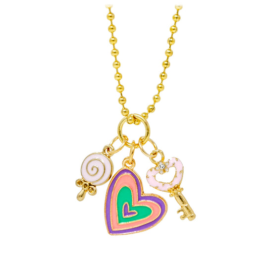 Heart, Lollipop & Key Gold Charm Necklace