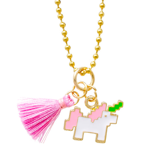 Pixel Unicorn & Tassel Gold Charm Necklace