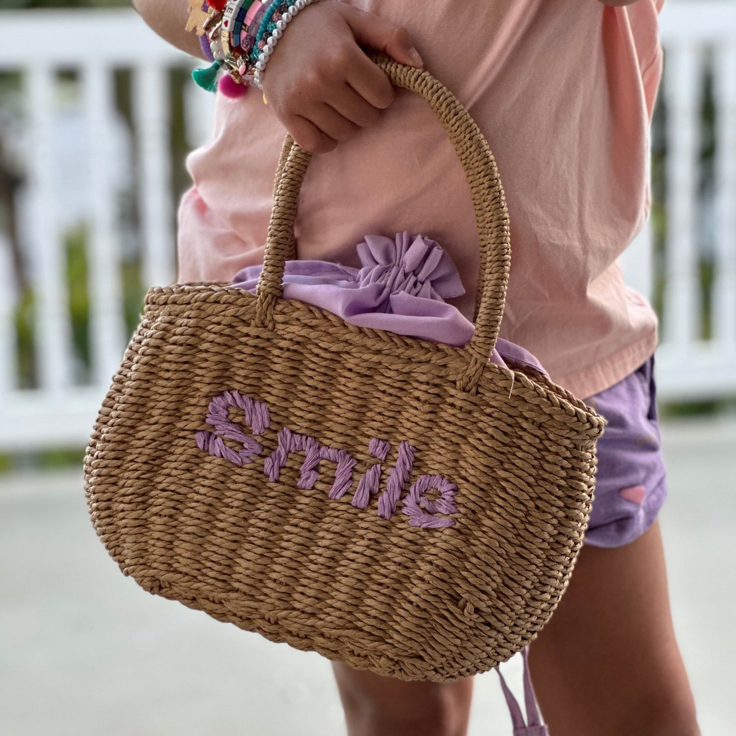 Girls Wicker Basket Message Handbag
