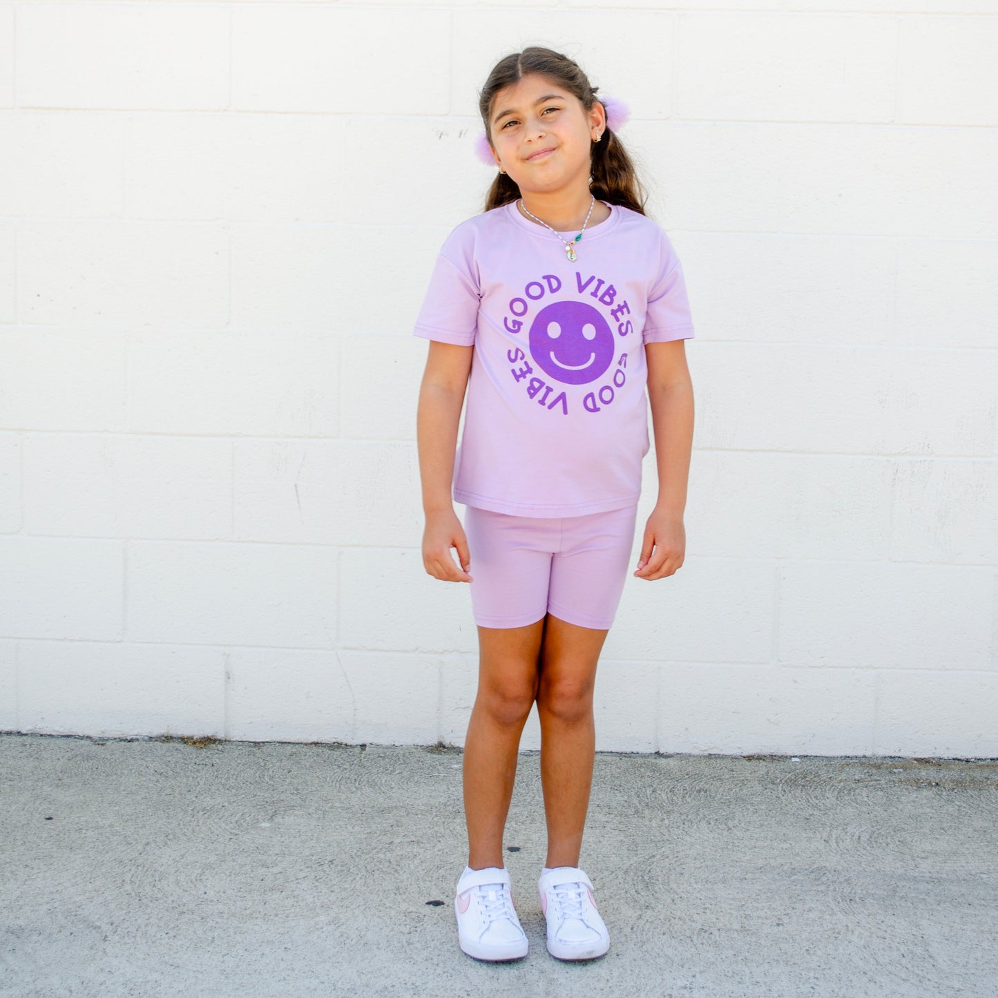 Happy Face Message T-Shirt and Short Set Kids | Purple