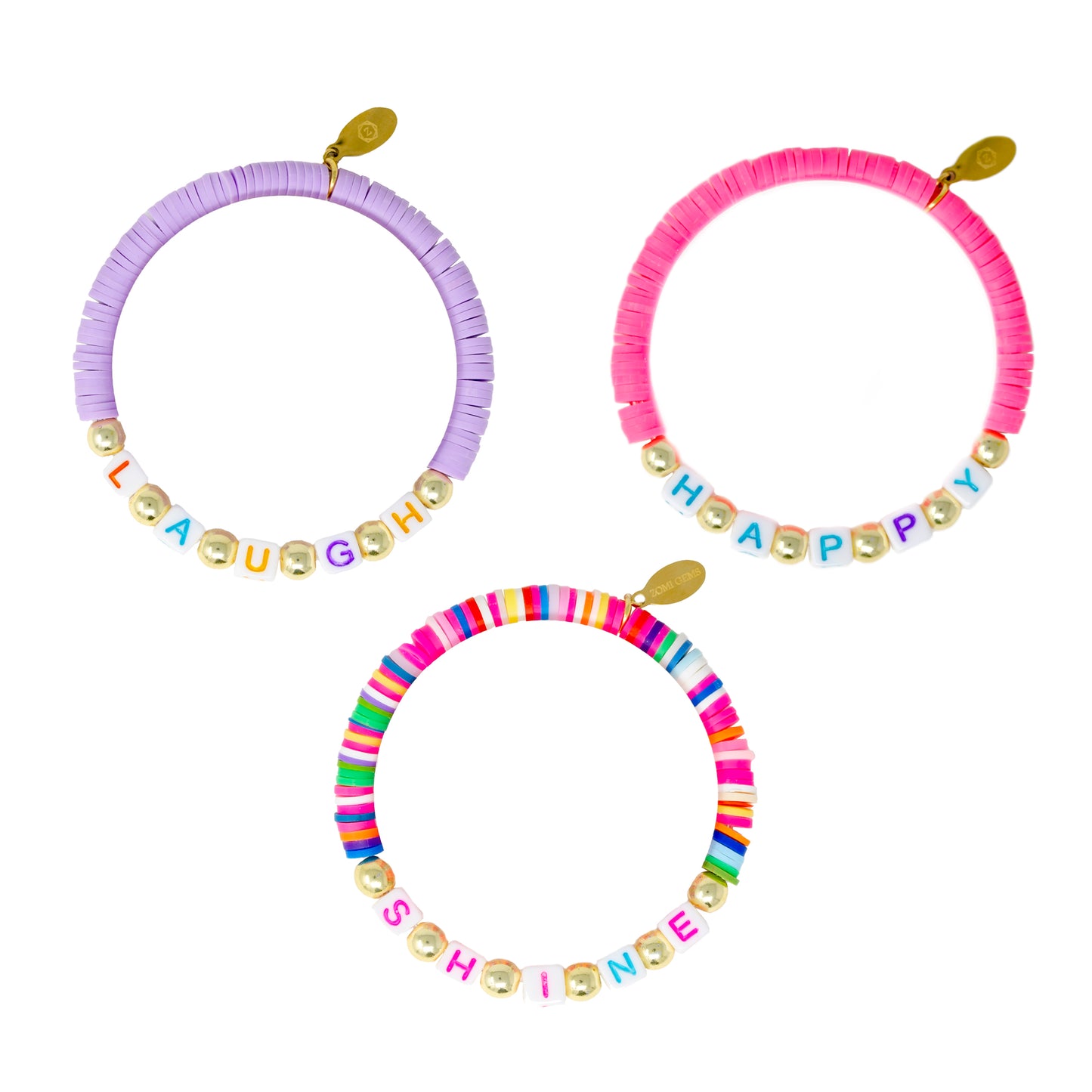 Laugh, Happy & Shine Disk Bracelet Set