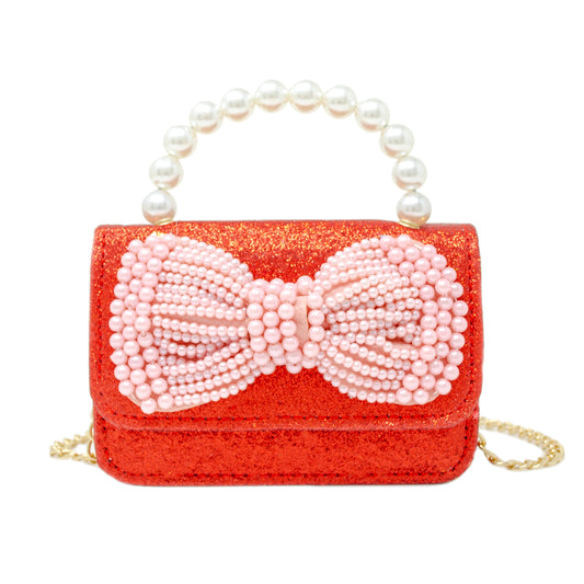 Red Sparkle Bow Pearl Handle Bag
