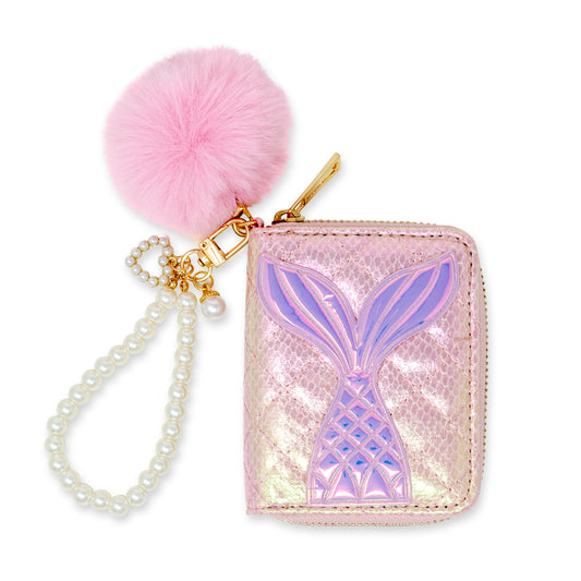 Mermaid Tail Quilted Wallet with Pom-Pom & Pearl Strap