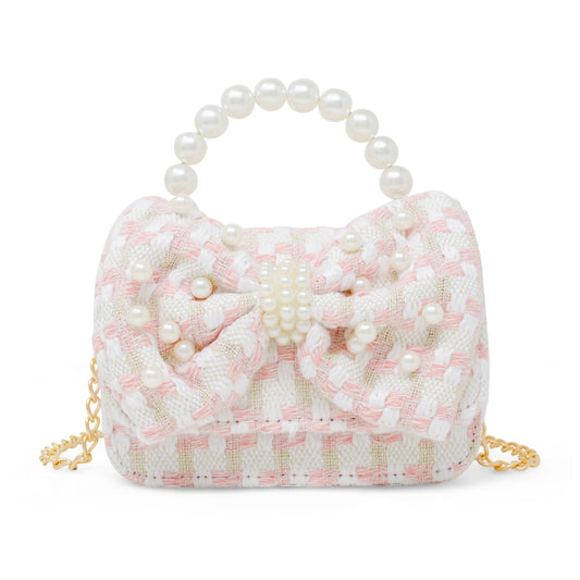 Girls Tweed Jumbo Pearl Bow Handbag