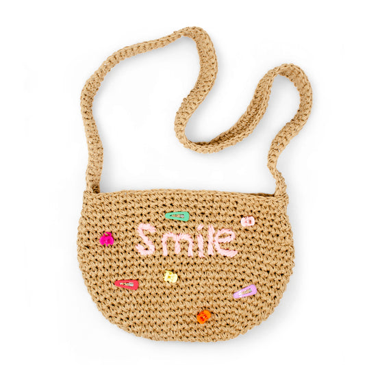 Girls Crossbody Woven Straw Message Charm Tote