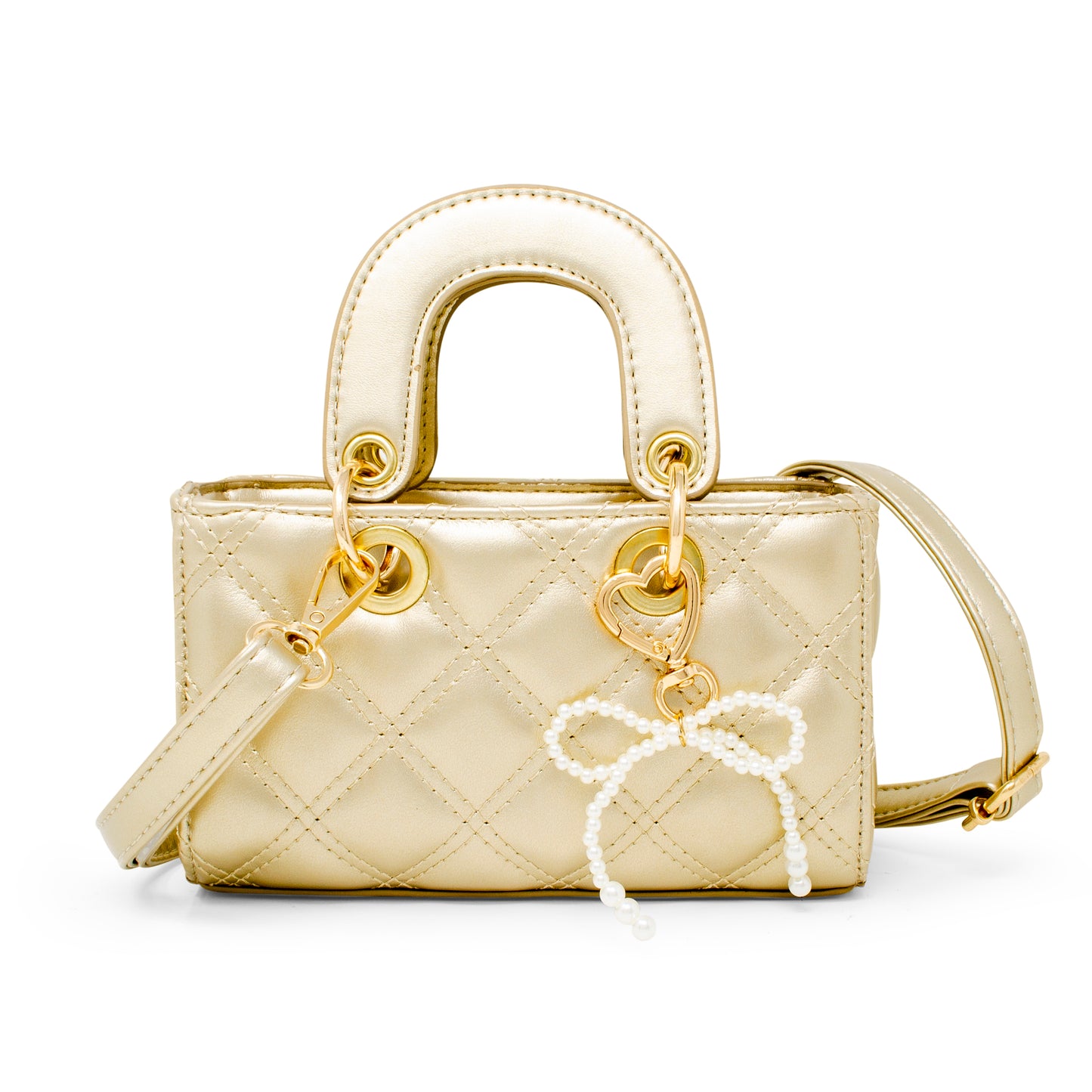 Quilted Rectangle Bow Charm Handbag