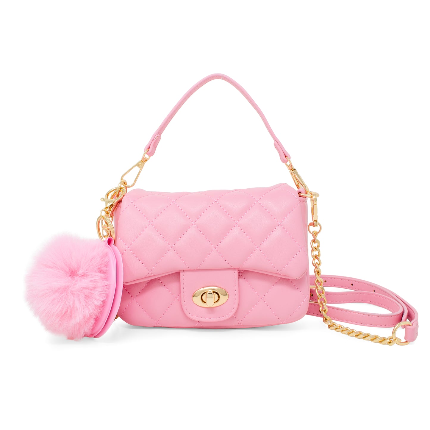Kids Quilted Puff Flap w/ Mirror Pom Pom Handbag