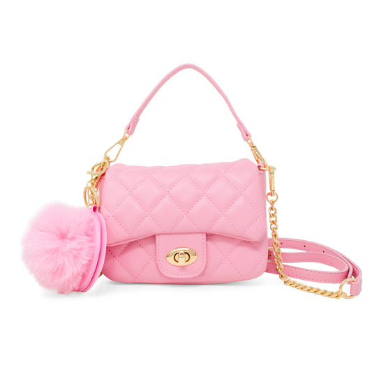 Kids Quilted Puff Flap w/ Mirror Pom Pom Handbag