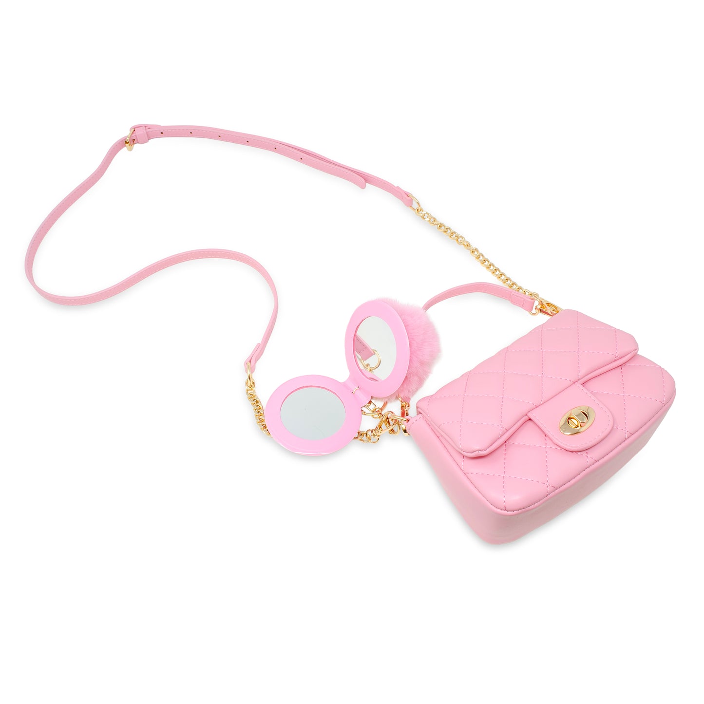 Kids Quilted Puff Flap w/ Mirror Pom Pom Handbag