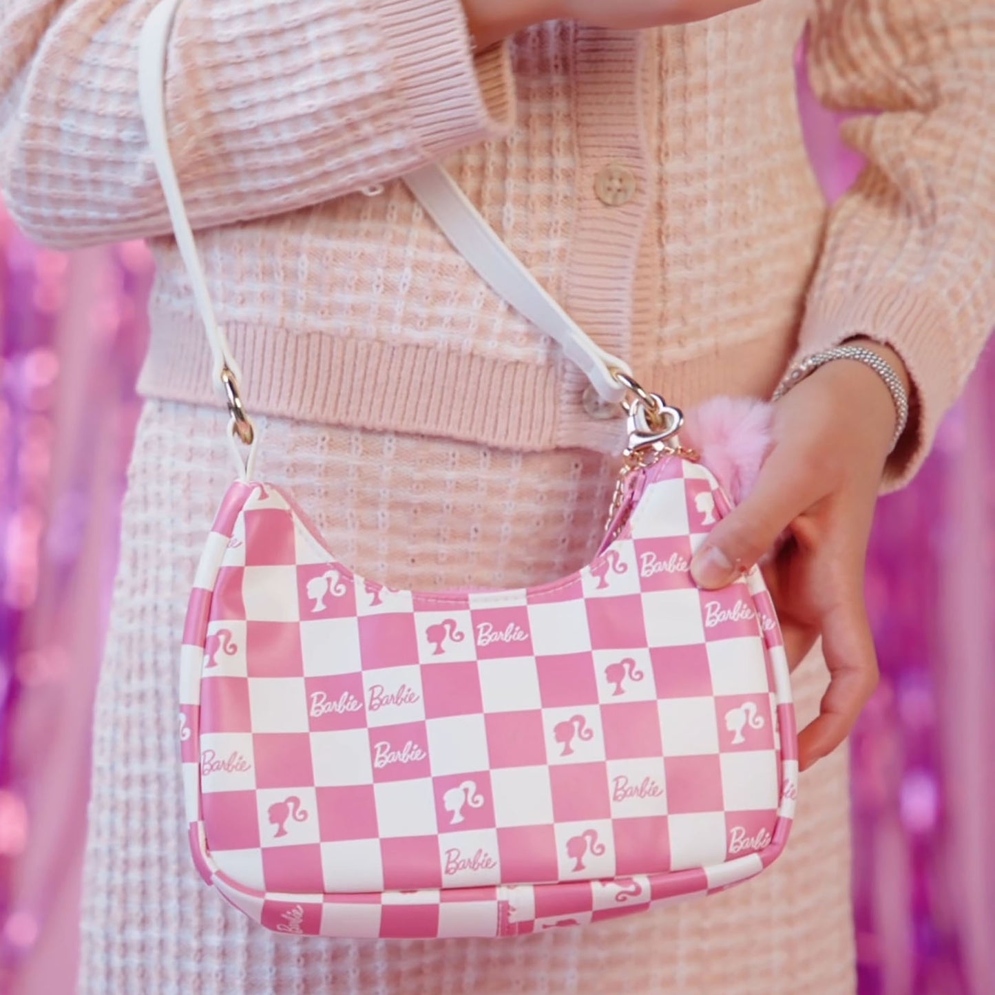 Barbie™ Pink Checkered Kids Hobo Handbag
