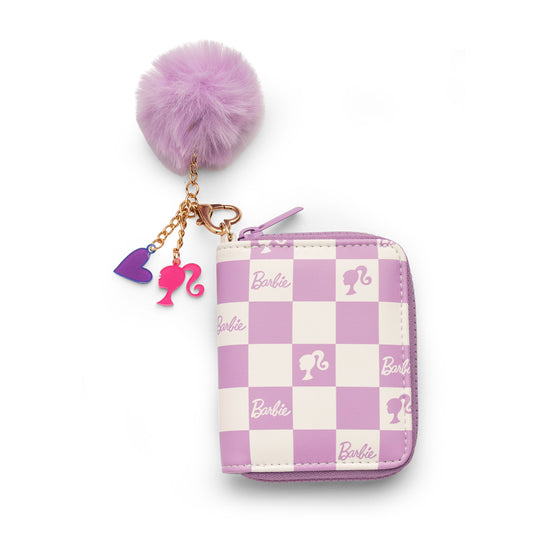 Barbie™ Purple Checkered Kids Zip Wallet with Pom Charm
