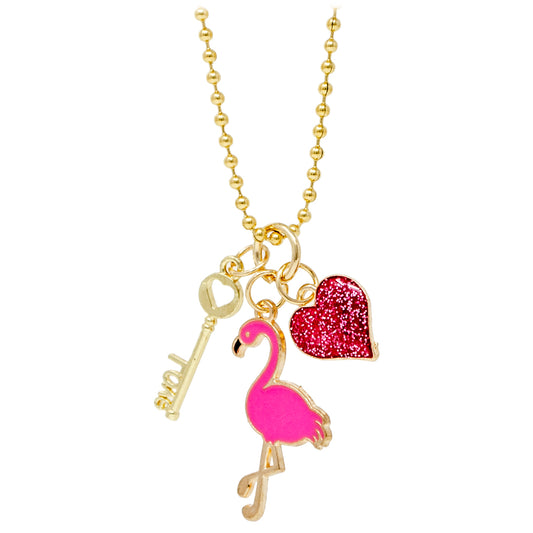 Flamingo, Heart & Key Gold Charm Necklace