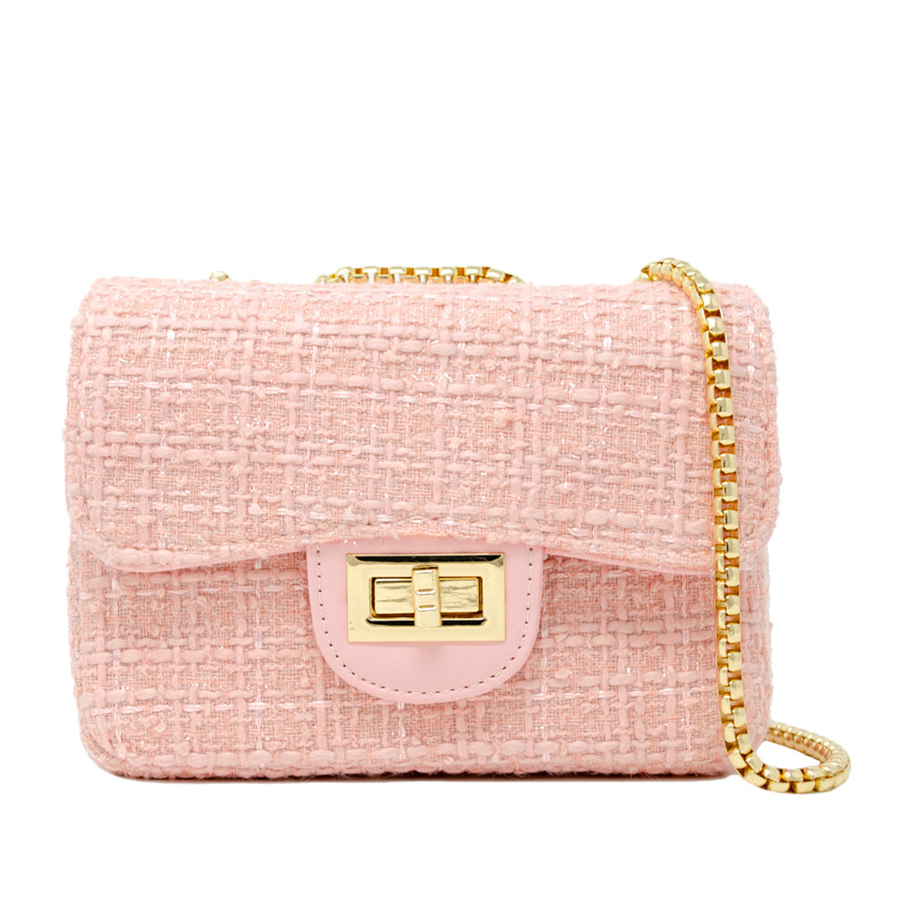 Zomi Gems Tweed Pearl Bow Handle Purse- Pink